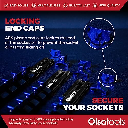 Olsa Tools Aluminum Socket Organizer, 3pc Set - Locking End Caps - 1/4-Inch Drive x 24 Clips, 3/8-Inch Drive x 18 Clips, 1/2-Inch Drive x 16 Clips - Professional Grade - Black - Part: 1181 - Image 4