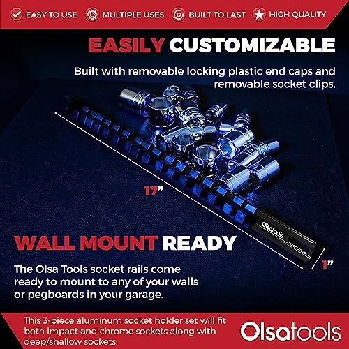 Olsa Tools Aluminum Socket Organizer, 3pc Set - Locking End Caps - 1/4-Inch Drive x 24 Clips, 3/8-Inch Drive x 18 Clips, 1/2-Inch Drive x 16 Clips - Professional Grade - Black - Part: 1181 - Image 3