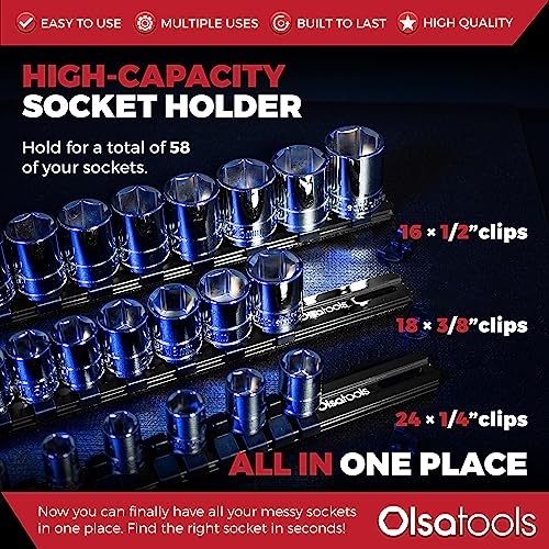 Olsa Tools Aluminum Socket Organizer, 3pc Set - Locking End Caps - 1/4-Inch Drive x 24 Clips, 3/8-Inch Drive x 18 Clips, 1/2-Inch Drive x 16 Clips - Professional Grade - Black - Part: 1181 - Image 2
