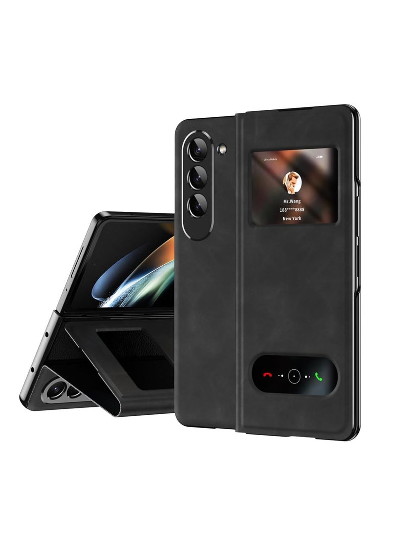 Aookay For Samsung Galaxy Z Fold 5 Magnetic Flip Folding Case, Open Window Design, Premium Luxury Business Nappa Leather, Hidden Stand Full Body Hinge Protection Ultra-thin Case (Z Fold 5 Black) - Image 1