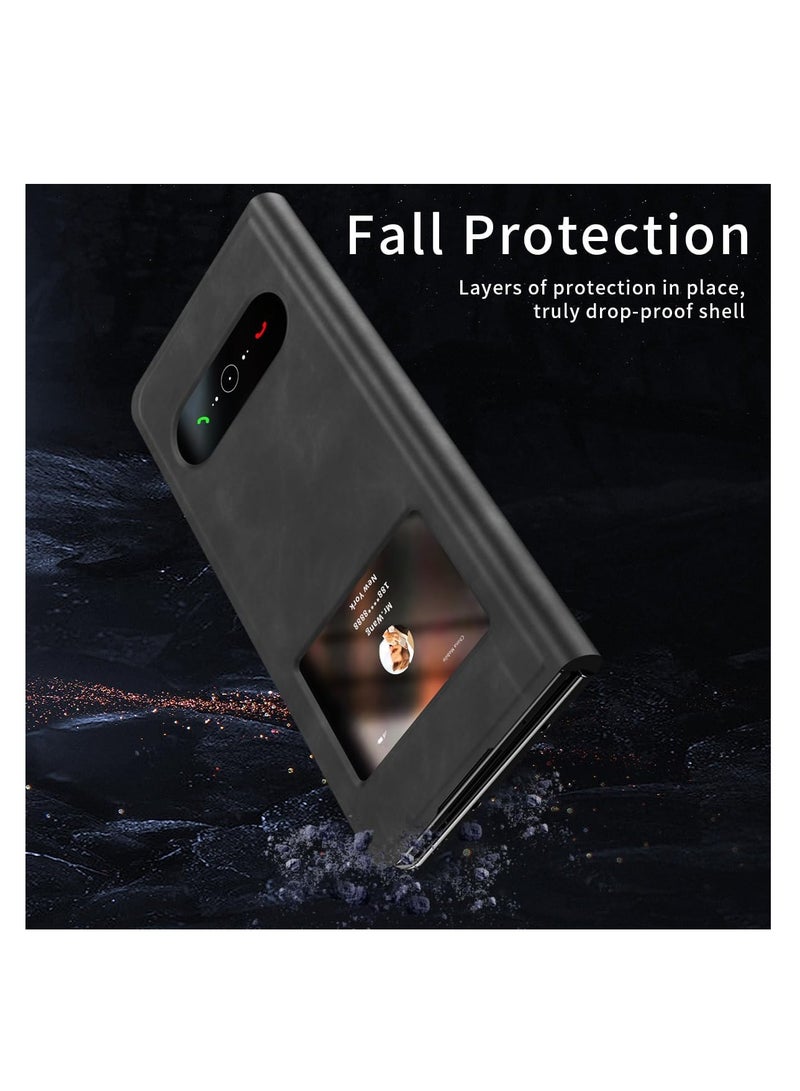 Aookay For Samsung Galaxy Z Fold 5 Magnetic Flip Folding Case, Open Window Design, Premium Luxury Business Nappa Leather, Hidden Stand Full Body Hinge Protection Ultra-thin Case (Z Fold 5 Black) - Image 4