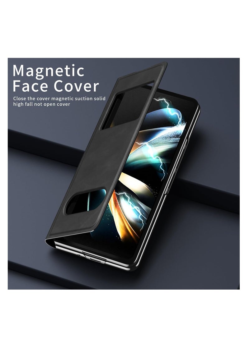 Aookay For Samsung Galaxy Z Fold 5 Magnetic Flip Folding Case, Open Window Design, Premium Luxury Business Nappa Leather, Hidden Stand Full Body Hinge Protection Ultra-thin Case (Z Fold 5 Black) - Image 2