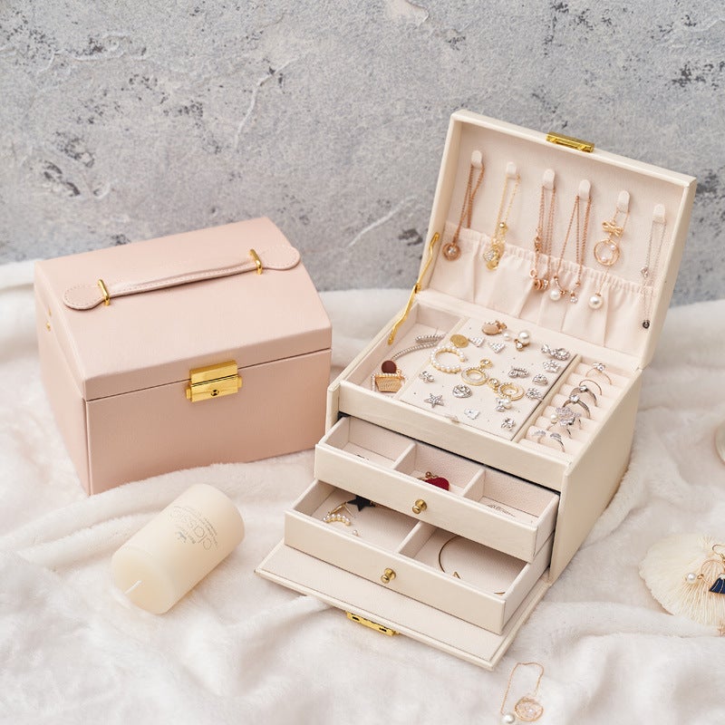 Three-layer Leather Drawer Jewelry Box Light Luxury Earrings Jewelry Storage Box Earrings Earrings with Lock Jewelry Jewelry Box(D.Green, 17*14*13cm) - Image 4
