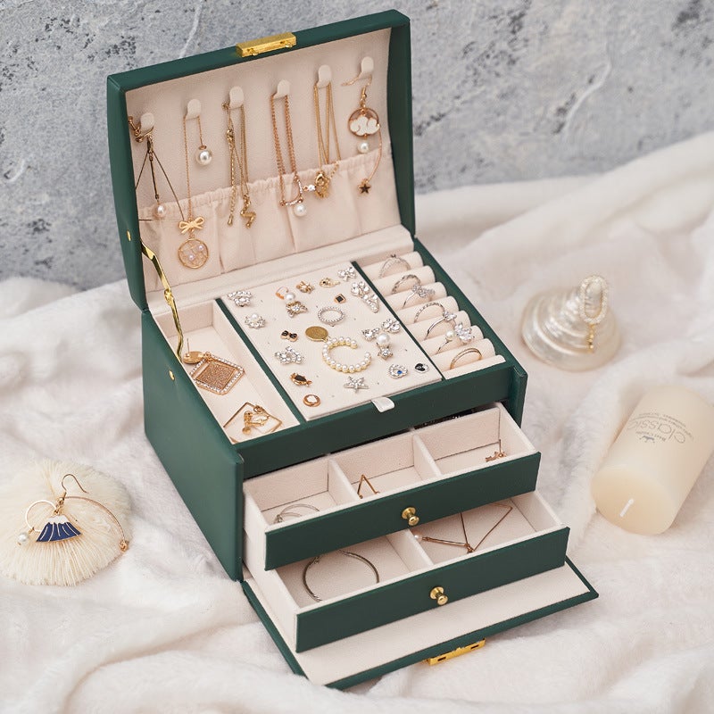 Three-layer Leather Drawer Jewelry Box Light Luxury Earrings Jewelry Storage Box Earrings Earrings with Lock Jewelry Jewelry Box(D.Green, 17*14*13cm) - Image 2
