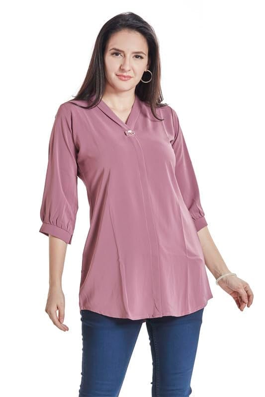 nioni Women’s Solid Tunic with Fashionable V-Fold Neck | Micro Pleated Rayon Kurti | Lycra Material | 3/4th Sleeve Short Kurta for Woman & Girl (Pink Purple, M) - Image 3