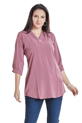 nioni Women’s Solid Tunic with Fashionable V-Fold Neck | Micro Pleated Rayon Kurti | Lycra Material | 3/4th Sleeve Short Kurta for Woman & Girl (Pink Purple, M) - Image 1