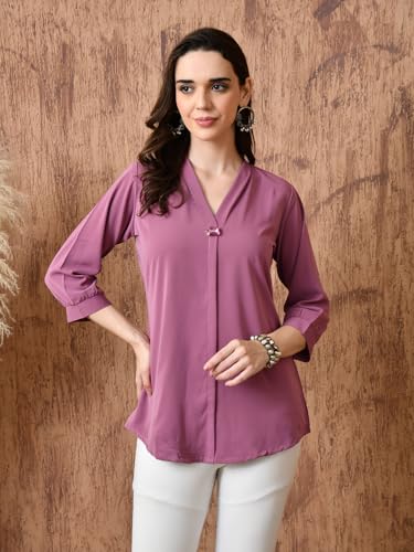 nioni Women’s Solid Tunic with Fashionable V-Fold Neck | Micro Pleated Rayon Kurti | Lycra Material | 3/4th Sleeve Short Kurta for Woman & Girl (Pink Purple, M) - Image 2