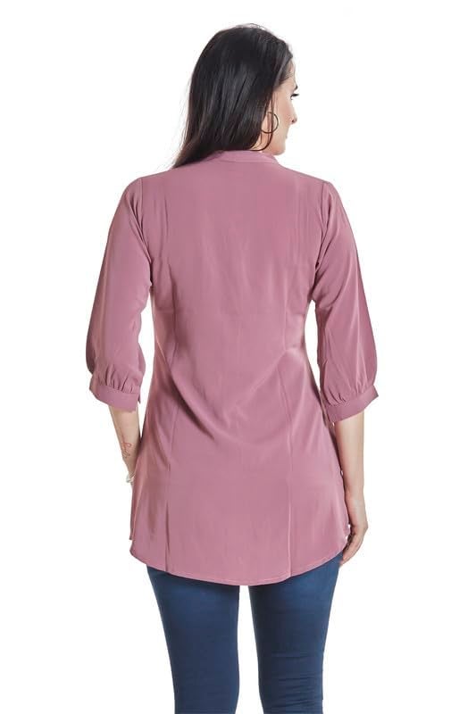 nioni Women’s Solid Tunic with Fashionable V-Fold Neck | Micro Pleated Rayon Kurti | Lycra Material | 3/4th Sleeve Short Kurta for Woman & Girl (Pink Purple, M) - Image 4