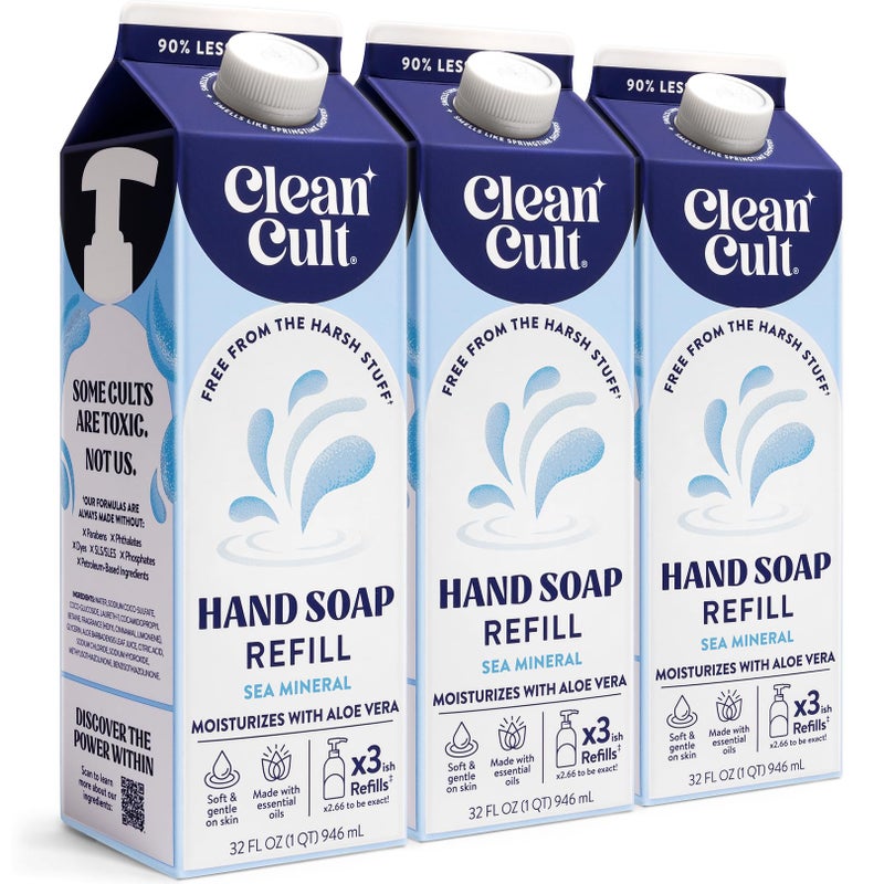 Cleancult - Liquid Hand Soap Refills - Sea Minerals - Gentle On Sensitive Skin - Made with Aloe Vera & Essential Oils - Eco Friendly - Paper-Based Packaging - 32 oz/3 Pack - Image 1