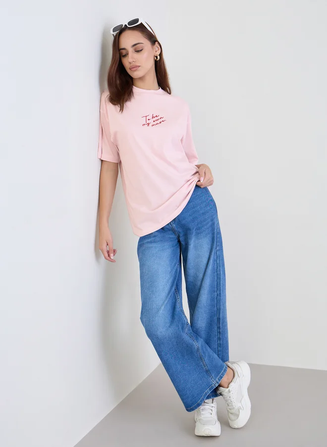 Styli Styli Pink Slogan Print Oversized T-Shirt