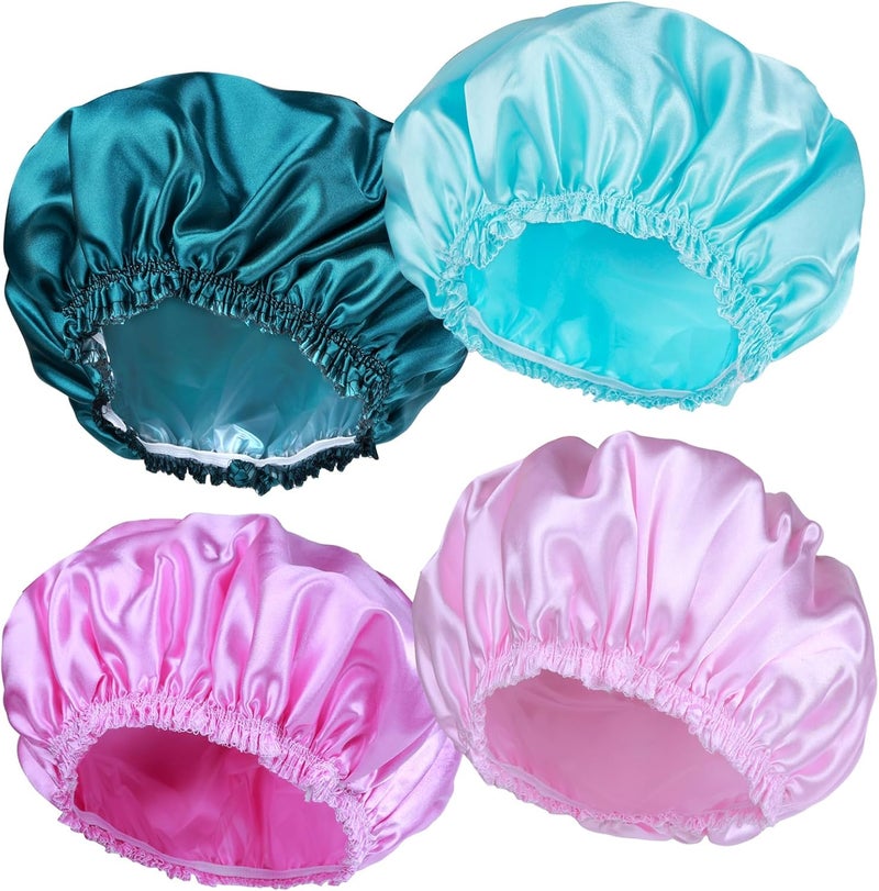 CHFONG Shower Caps for Women, 4 PCS Elastic and Reusable Bath Caps, Double Waterproof Layers Shower Cap, Bathing Shower Caps, Environmental Protection Hair Bath Hat - Solid Color - Image 1