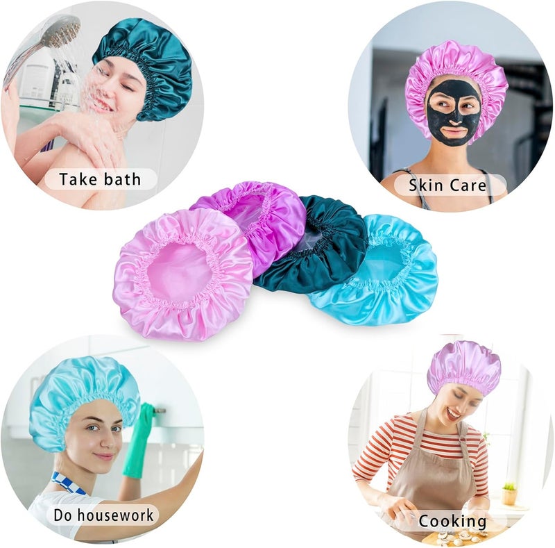 CHFONG Shower Caps for Women, 4 PCS Elastic and Reusable Bath Caps, Double Waterproof Layers Shower Cap, Bathing Shower Caps, Environmental Protection Hair Bath Hat - Solid Color - Image 5