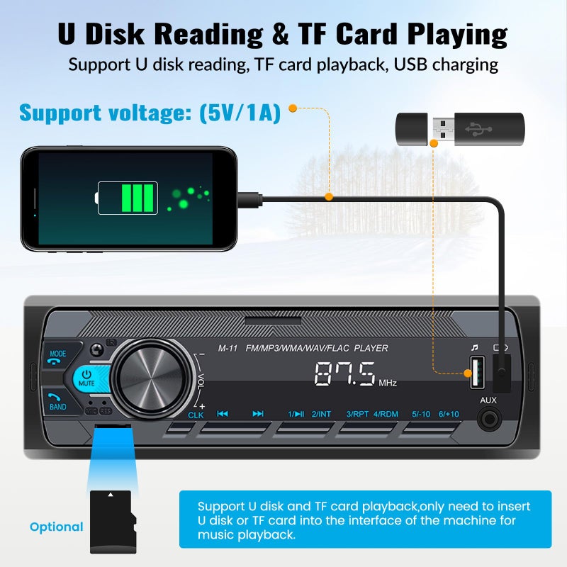 SIXWIN Single Din Car Stereo with Bluetooth 5.0 Hands Free Calling Voice Control Car Stereo FM Radio Car Mp3 Player USB AUX Port Audio Recording Car Audio System Car Audio Receivers - Image 4