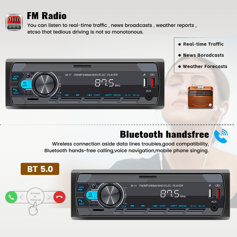 SIXWIN Single Din Car Stereo with Bluetooth 5.0 Hands Free Calling Voice Control Car Stereo FM Radio Car Mp3 Player USB AUX Port Audio Recording Car Audio System Car Audio Receivers - Image 3