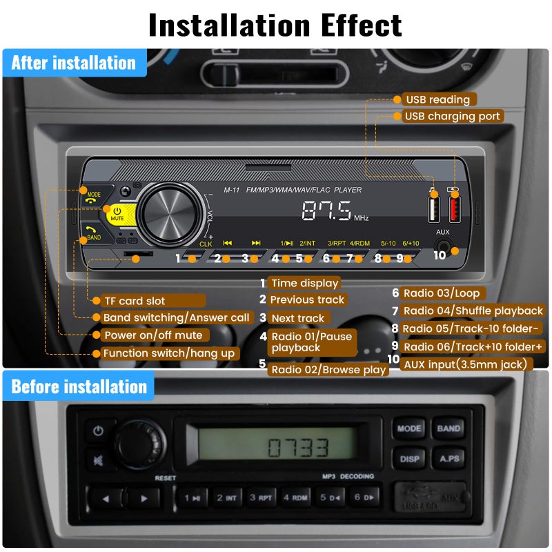 SIXWIN Single Din Car Stereo with Bluetooth 5.0 Hands Free Calling Voice Control Car Stereo FM Radio Car Mp3 Player USB AUX Port Audio Recording Car Audio System Car Audio Receivers - Image 2
