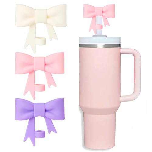 HIUSITY Bow Straw Cover Topper for Stanley Cup,Silicone Straws Toppers for Tumbler with Handle 40oz,Cute 10mm/0.4in Covers Cap,Dust-Proof Reusable Lids for Stanleys Cups Accessories,Pink - Image 1