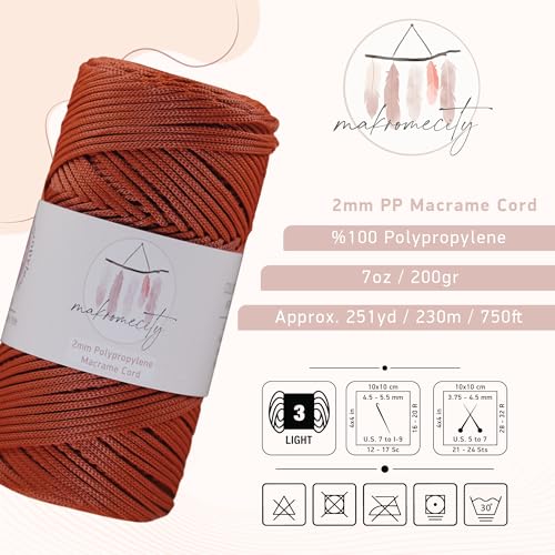 Makromecity, Polyester Macrame Cord (2 mm x 750 feet) 2mm Polypropylene Brick Macrame Cord Crochet Macrame Bag Cord Crafts for Wall Hangings, Bags, Underplate, Rug - Image 2