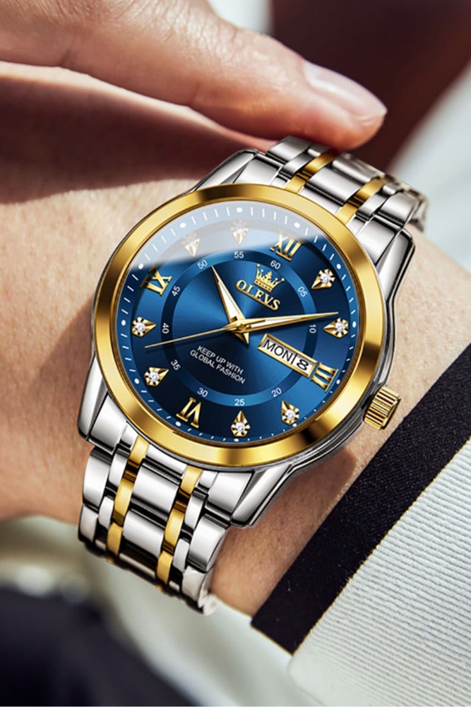 OLEVS Men's Chronograph Quartz Watches, Gold Case with Day Date, Waterproof Stainless Steel Wrist Watch, Luminous Watches for Men, Fashion, Leisure