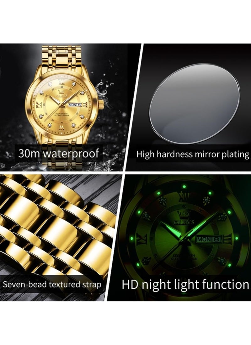 OLEVS Men's Chronograph Quartz Watches, Gold Case with Day Date, Waterproof Stainless Steel Wrist Watch, Luminous Watches for Men, Fashion, Leisure