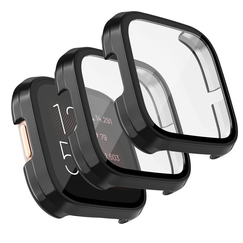 Tobfit [3 Pack] Tobfit for Fitbit Versa 2 Screen Protector with HD Tempered Glass Protective Case, Hard PC Case Bumper Cover Full Coverage for Fitbit Versa 2 Smartwatch, Black/Black/Black - Image 1