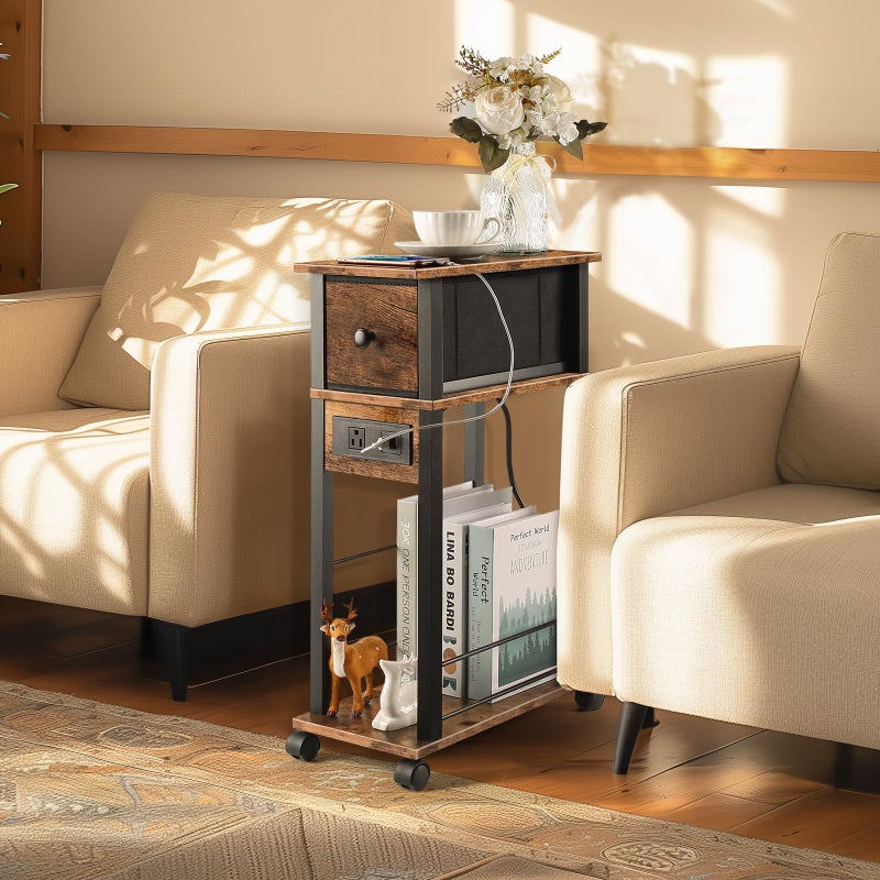 DGSANDGO Sofa Side Table Narrow End Table (1PC) - Rustic Brown & Black Two-Tone, Side Table with Charging Station (1 AC + 2 USB) & Storage Drawer, 4 Wheels Mobile Nightstand for Bedroom Living Room - Image 4