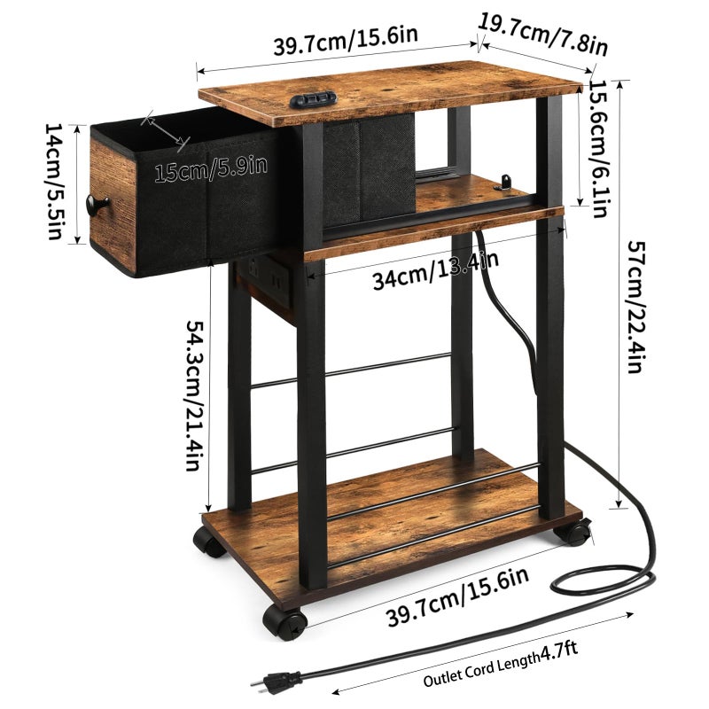 DGSANDGO Sofa Side Table Narrow End Table (1PC) - Rustic Brown & Black Two-Tone, Side Table with Charging Station (1 AC + 2 USB) & Storage Drawer, 4 Wheels Mobile Nightstand for Bedroom Living Room - Image 2