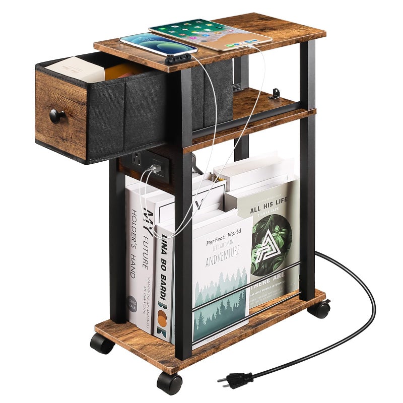 DGSANDGO Sofa Side Table Narrow End Table (1PC) - Rustic Brown & Black Two-Tone, Side Table with Charging Station (1 AC + 2 USB) & Storage Drawer, 4 Wheels Mobile Nightstand for Bedroom Living Room - Image 1