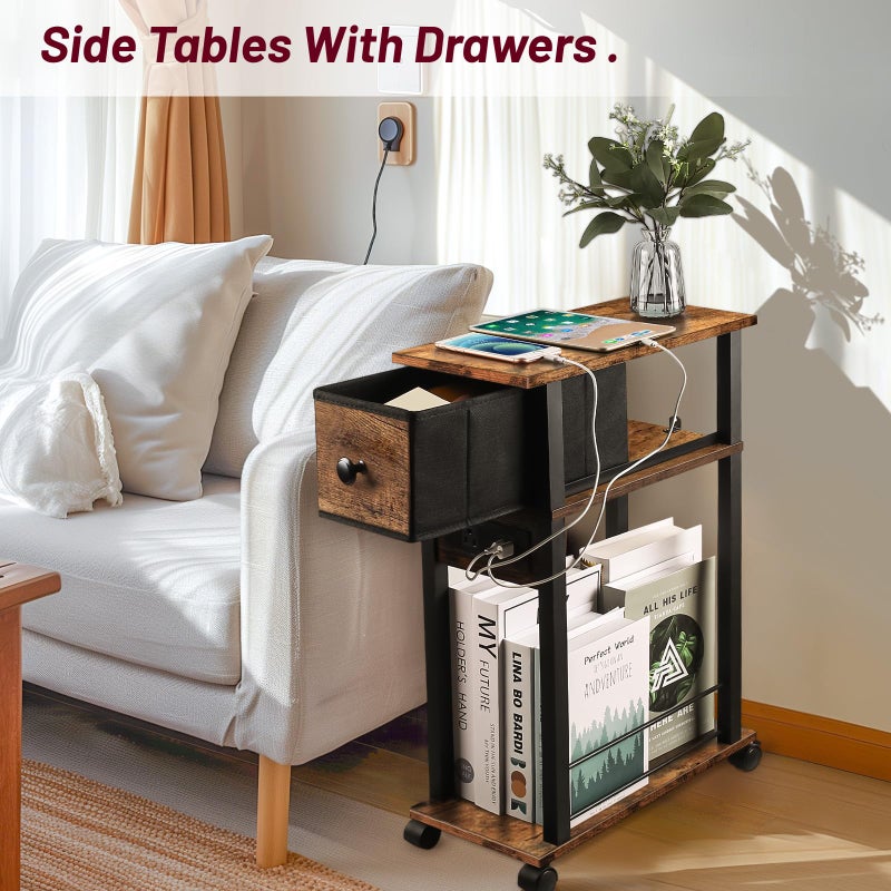 DGSANDGO Sofa Side Table Narrow End Table (1PC) - Rustic Brown & Black Two-Tone, Side Table with Charging Station (1 AC + 2 USB) & Storage Drawer, 4 Wheels Mobile Nightstand for Bedroom Living Room - Image 3