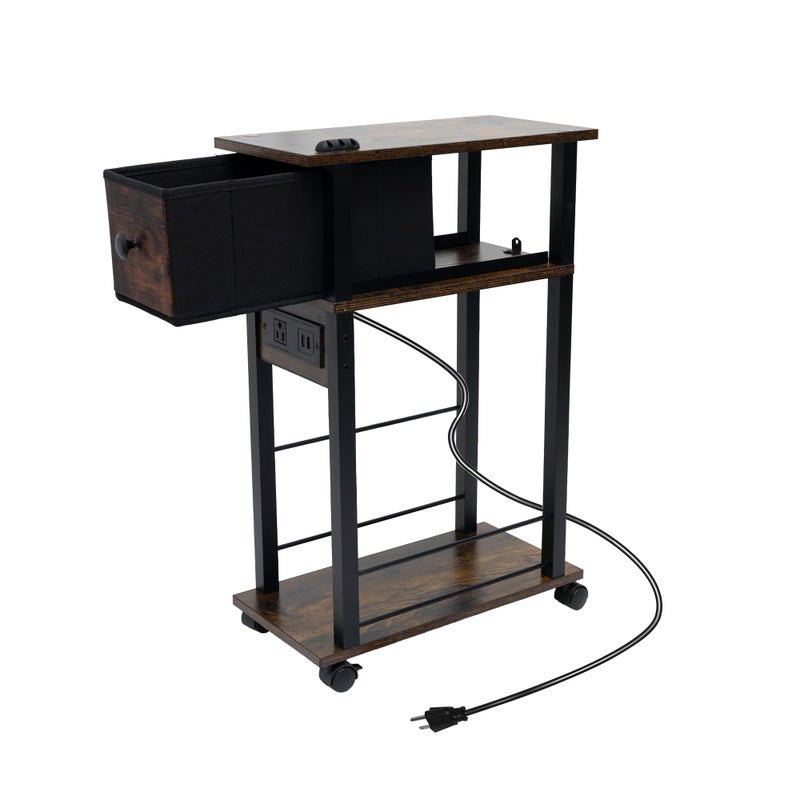 DGSANDGO Sofa Side Table Narrow End Table (1PC) - Rustic Brown & Black Two-Tone, Side Table with Charging Station (1 AC + 2 USB) & Storage Drawer, 4 Wheels Mobile Nightstand for Bedroom Living Room - Image 5