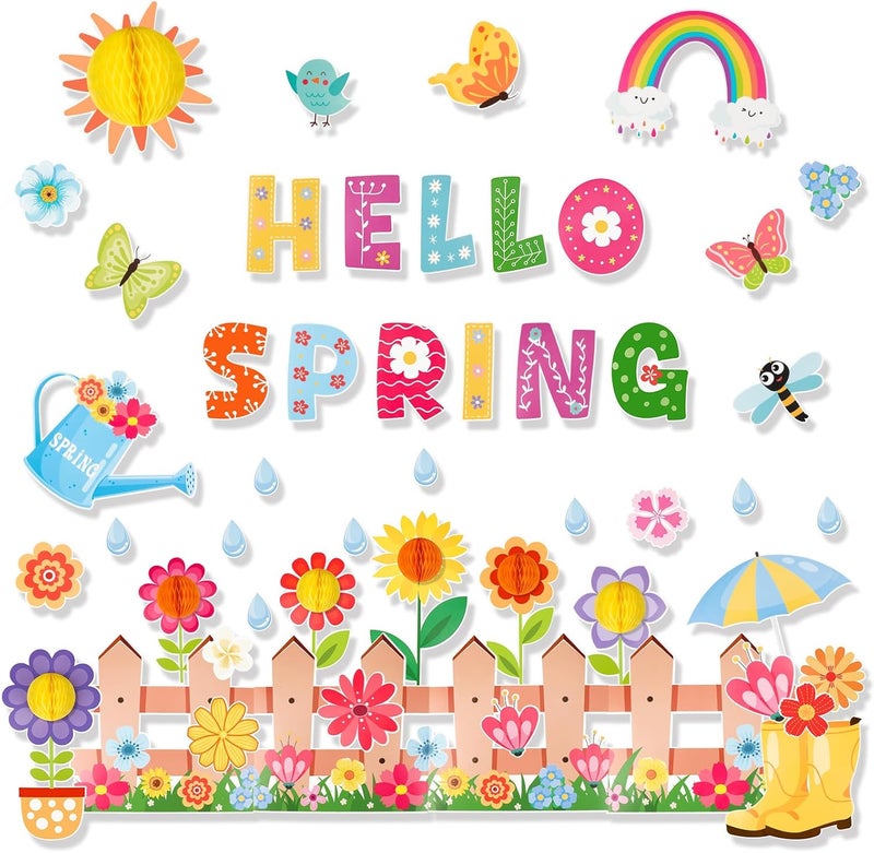 Konsait Spring Bulletin Board Decorations 59Pcs Raindrop Flower Hello Spring Bulletin Board Decorations Set Spring Cutouts for Classroom Office Home Wall Blackboard Door Decorations - Image 1
