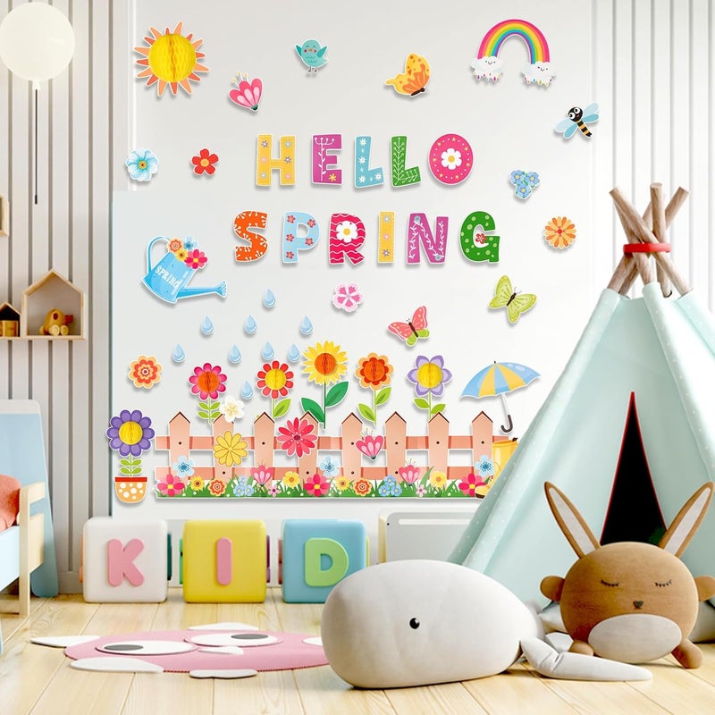 Konsait Spring Bulletin Board Decorations 59Pcs Raindrop Flower Hello Spring Bulletin Board Decorations Set Spring Cutouts for Classroom Office Home Wall Blackboard Door Decorations - Image 3