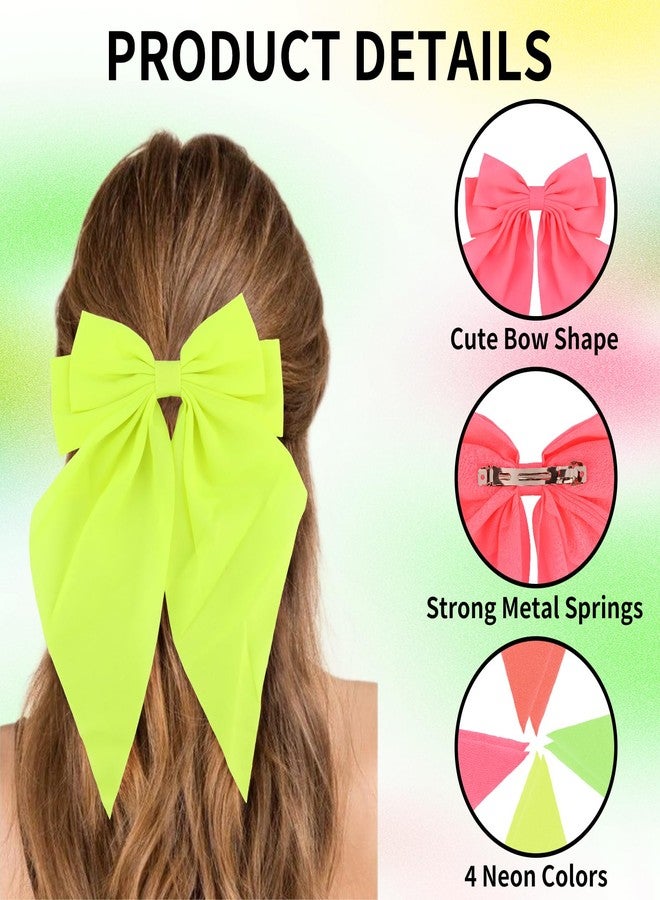 KICOSY 4 Pack Neon Bow Hair Clips - Fluorescent Pink, Green, Orange & Yellow, Trendy Hair Accessories for All Occasions - Image 4