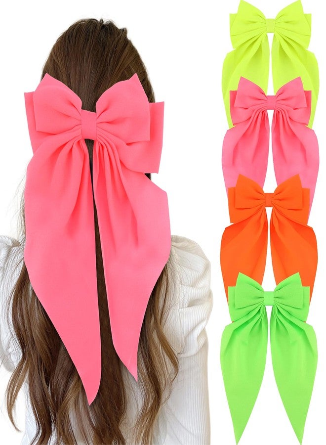 KICOSY 4 Pack Neon Bow Hair Clips - Fluorescent Pink, Green, Orange & Yellow, Trendy Hair Accessories for All Occasions - Image 1