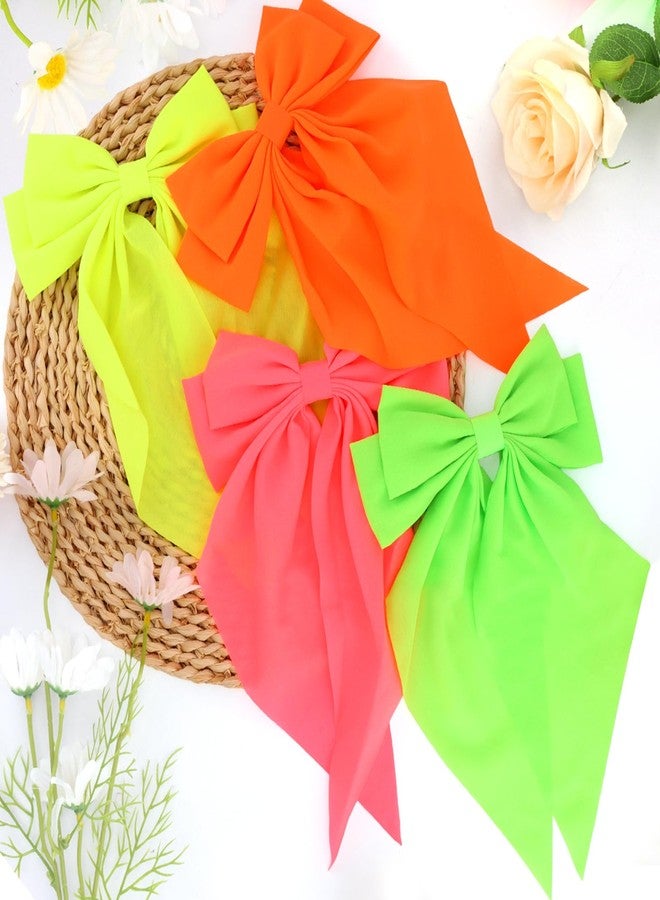 KICOSY 4 Pack Neon Bow Hair Clips - Fluorescent Pink, Green, Orange & Yellow, Trendy Hair Accessories for All Occasions - Image 5