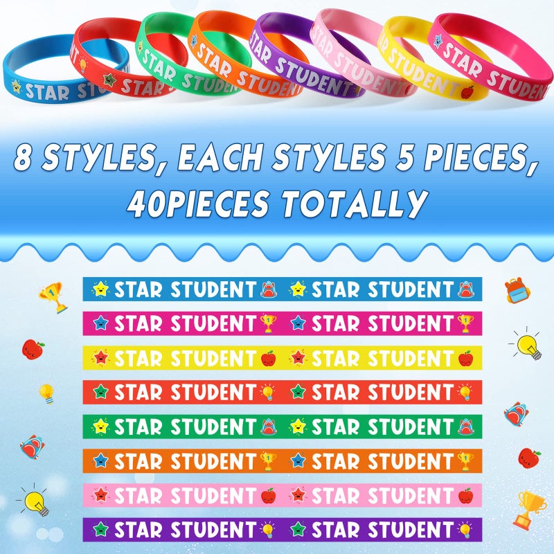 Aoriher Star Student Wristbands 8 Colors Student Reward Silicone Bracelets Teacher Recognition Award Star Rubber Bracelets for Sports Office Substitute Teacher Supplies Education Activity (40 Pcs) - Image 2