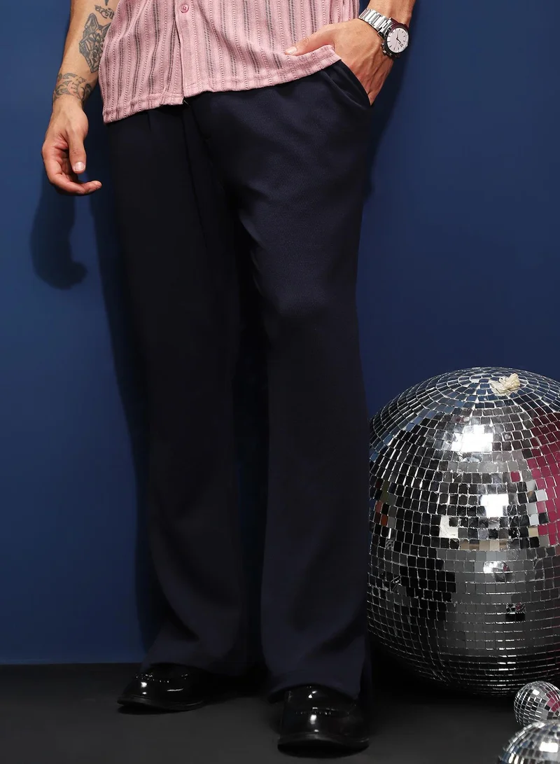 Campus Sutra Men's Navy Blue Micro-Waffle Straight Trousers For Casual Wear | Mid-Rise | Straight Fit | Drawstring Closure | Trousers Shirt Crafted With Comfort Fit For Everyday Wear