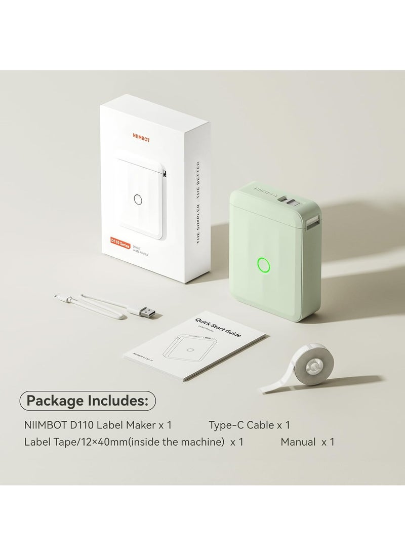 D110 Upgraded Version Mini Label Maker Machine D110-M Label Printer with 15mm Printing Width, Portable Bluetooth Thermal Printer, Sticker Maker with Multiple Templates, with 1 Roll 12*40mm White Tape for Office Organization Home Kitchen School, Green