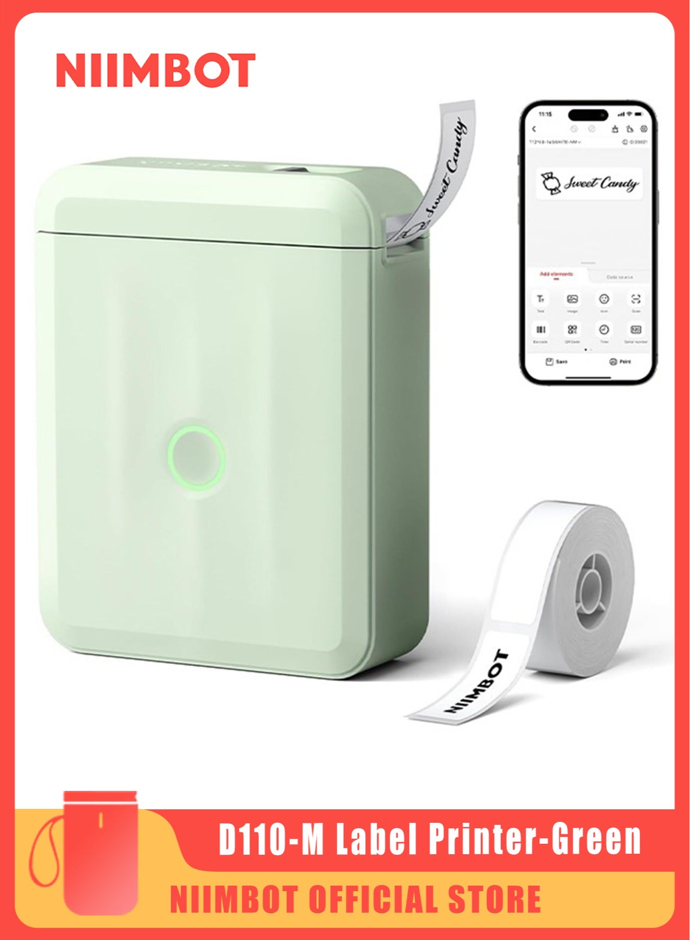 NIIMBOT D110 Upgraded Version Mini Label Maker Machine D110-M Label Printer with 15mm Printing Width, Portable Bluetooth Thermal Printer, Sticker Maker with Multiple Templates, with 1 Roll 12*40mm White Tape for Office Organization Home Kitchen School, Green