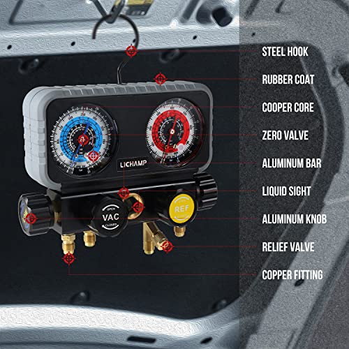 Lichamp مجموعة عدادات مانيفولد HVAC R410A من Lichamp لمكيف الهواء R134A، فريون R22 R32 410A 134A مع مجموعة خرطوم لتعبئة المبرد - Image 4