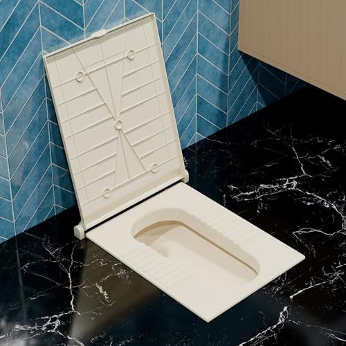 LUXART Indian Toilet Cover Square 56L x 42W | 21 Inch Ivory Orissa Pan Toilet Seat Cover | PP Commode Seat Cover | Lid for Indian Commodes with Easy Installation Kit - Image 1