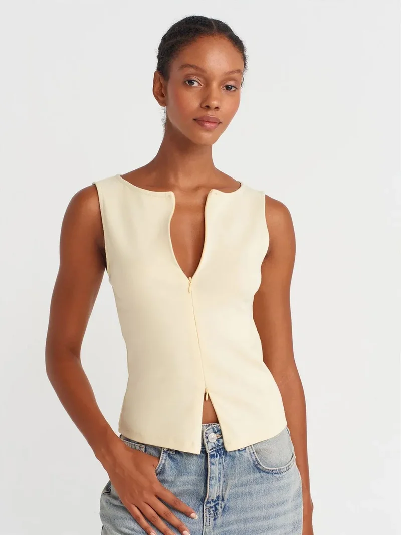 Dilvin DILVIN Sleeveless Slim-Fit Jersey Blouse With Zip