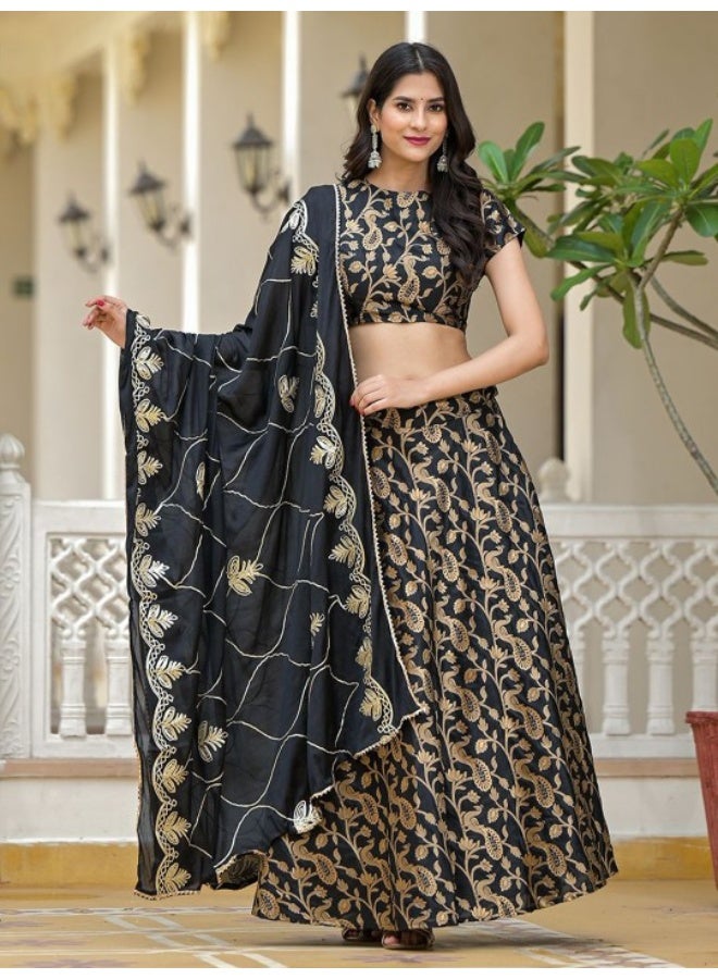 AKS Black Jacquard Lehenga Choli with Gota Dupatta  - Image 2