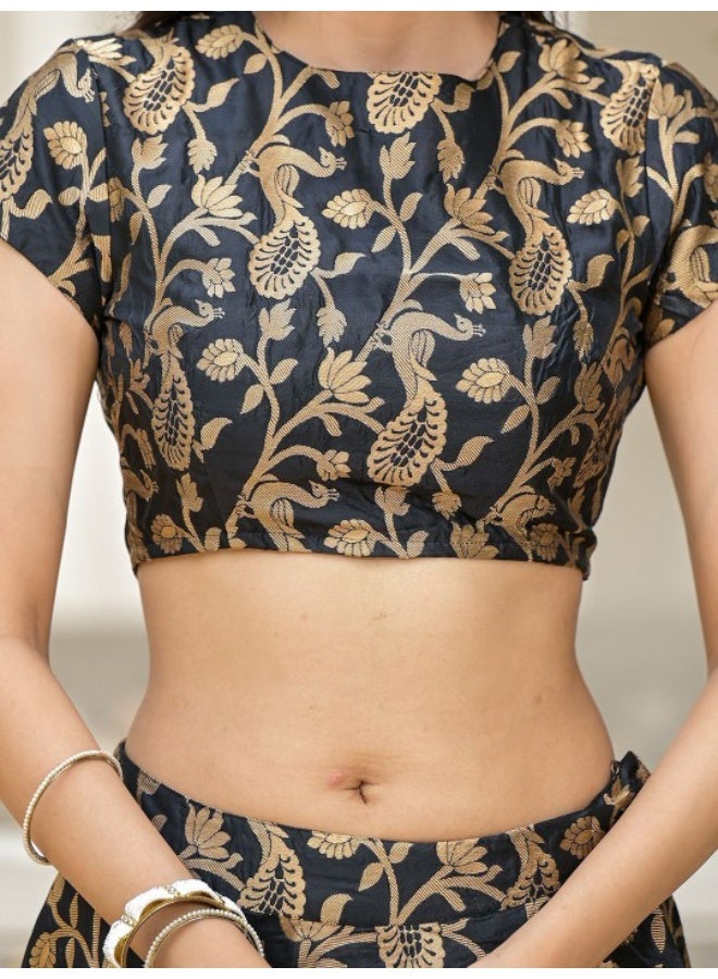 AKS Black Jacquard Lehenga Choli with Gota Dupatta  - Image 3