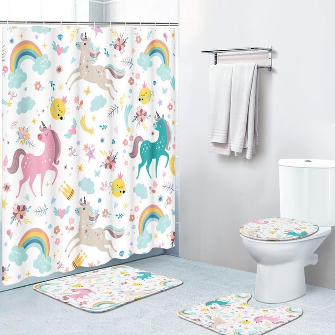 4 PIECE SHOWER CURTAIN SETS WITH 12 HOOKS UNICORNS ANIMAL WITH NONSLIP RUGS TOILET LID COVER AND BATH MAT FOR BATHROOM DECOR SET 72 X 72