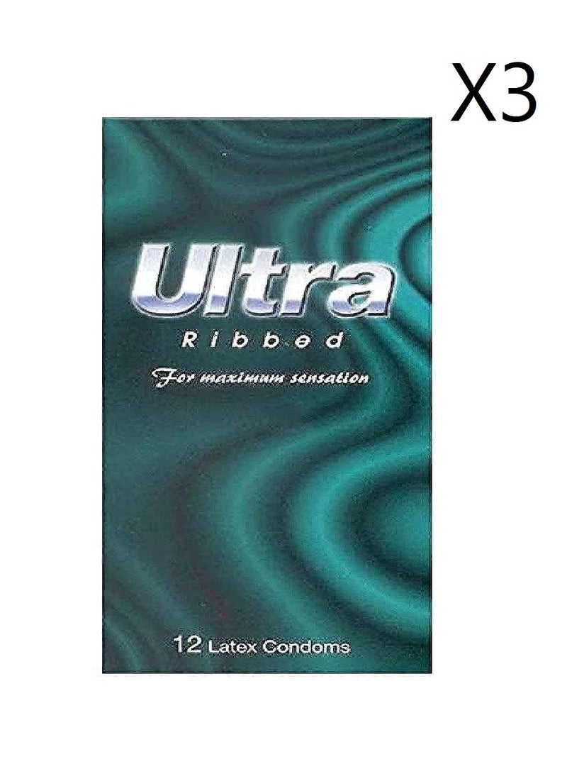 Ultra ribbed condoms with external ridges, 12 pieces, 3 pack