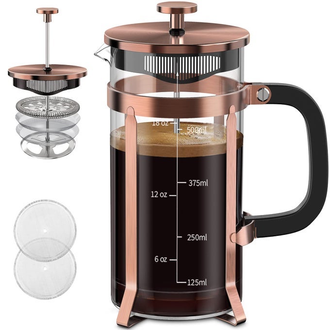 COFFEE MAKER 304 STAINLESS STEEL FRENCH PRESS WITH 4 FILTER HEAT RESISTANT DURABLE EASY TO CLEAN BOROSILICATE GLASS COFFEE PRESS 100 BPA FREE TEAPOT 21 OUNCE COPPER
