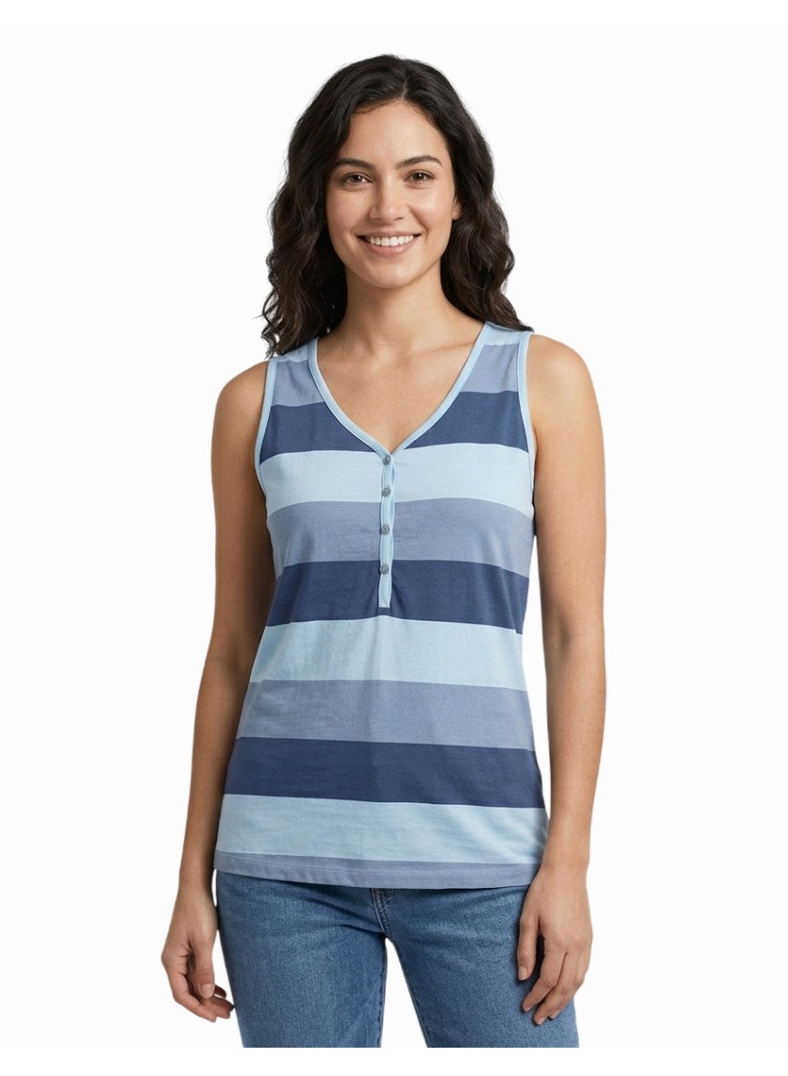 Body Women's Cotton Striped V-Neck Button-Front Tank Top