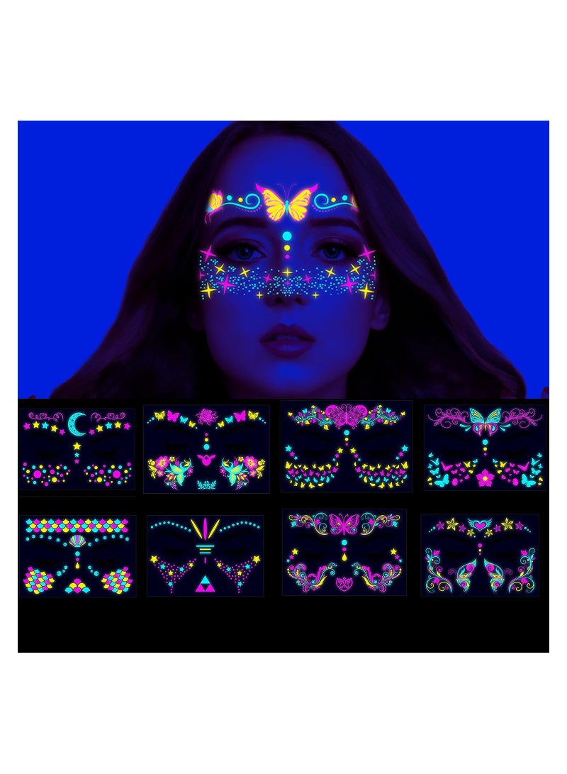 تاتو مضيء في الظلام للبالغين، 8 أوراق من تاتو مؤقت بتأثير الأشعة فوق البنفسجية، ملصقات تاتو فراشة للاحتفال بما في ذلك تزويد التجهيزات المضيئة في الظلام - Image 2