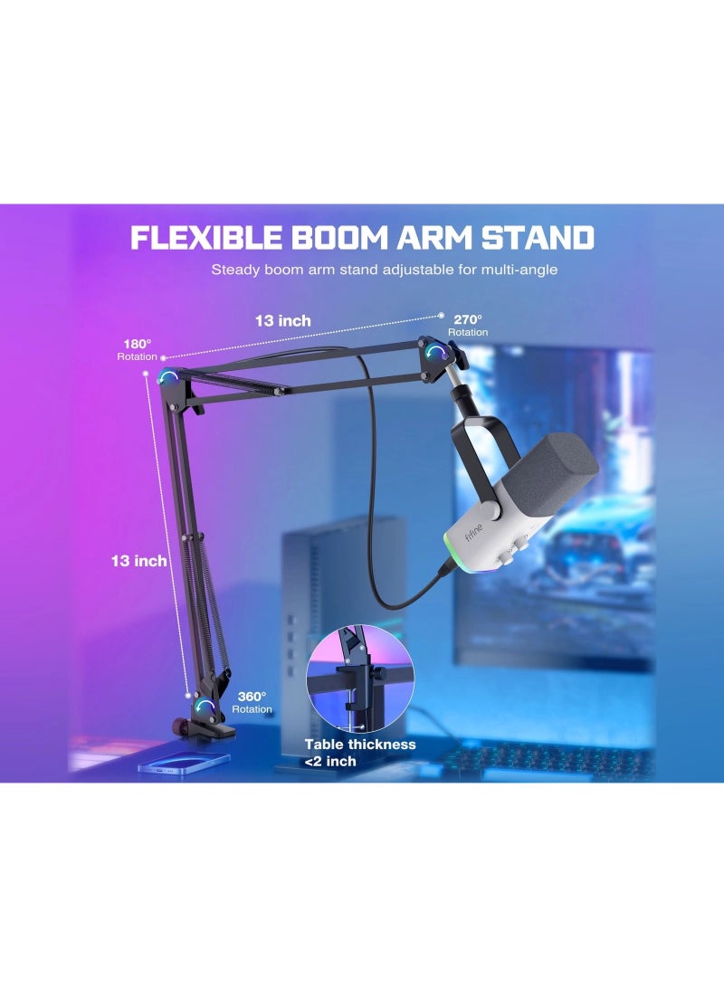 فيفين مجموعة ميكروفون ديناميكي FIFINE AmpliGame AM8T USB/XLR مع ذراع بوم ستاند، أبيض - Image 2