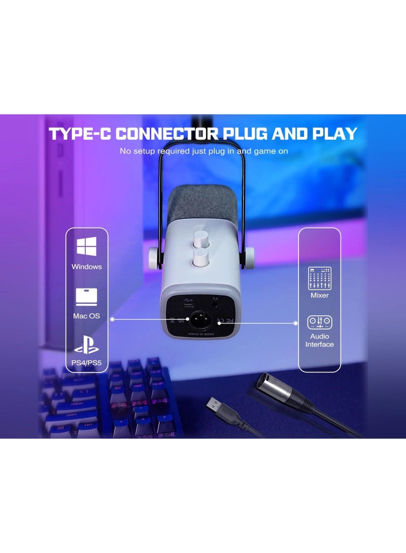 فيفين مجموعة ميكروفون ديناميكي FIFINE AmpliGame AM8T USB/XLR مع ذراع بوم ستاند، أبيض - Image 4
